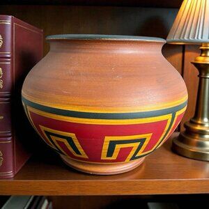 Vintage Wooden Hand Turned Planter Pot Bowl Southwestern Brown Red Geometric